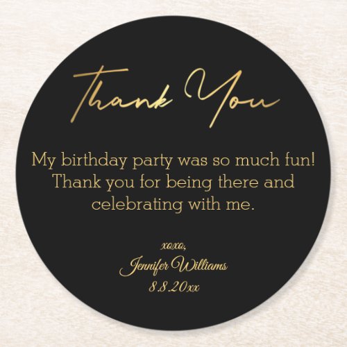 thank you happy birthday black gold minimal chic round paper coaster