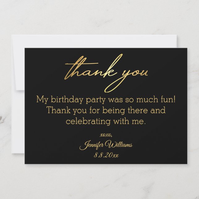 thank you happy birthday black golden minimal note card (Front)