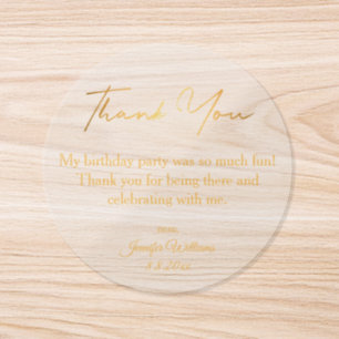 thank you happy birthday gold minimalist clear classic round sticker