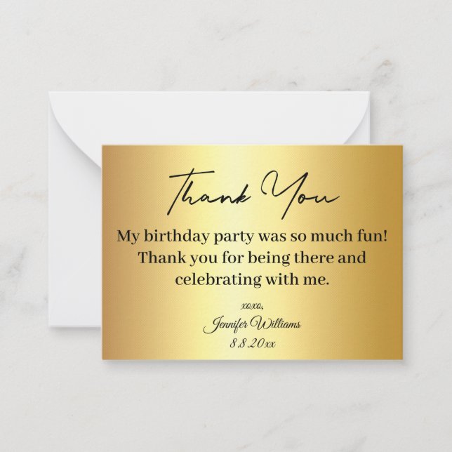  thank you happy birthday golden metallic  note card (Front)