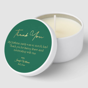thank you happy birthday green gold script elegant mini candle favors