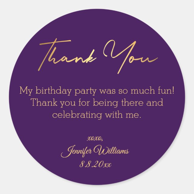 thank you happy birthday purple gold minimalist  classic round sticker (Front)
