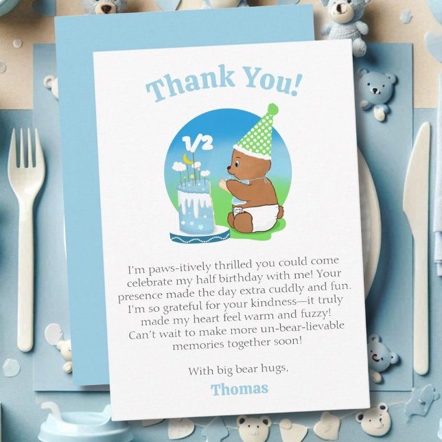 Thank You Happy Half Birthday Baby Bear with Cake  Card (Creator Uploaded)