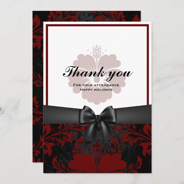 Thank you happy holiday black bow, red floral invitation (Front/Back)