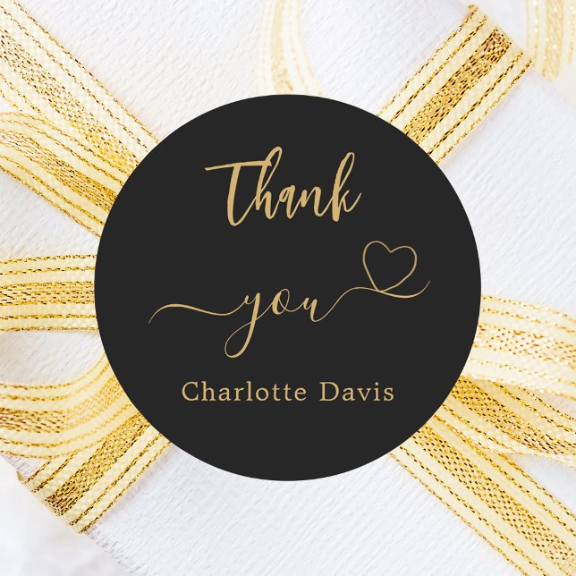 Thank you heart black gold name classic round sticker (Creator Uploaded)