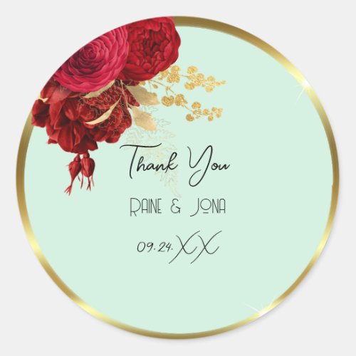 Thank You Heart Bridal Sweet16th Gold Wreath Mint  Classic Round Sticker