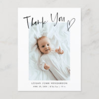 Thank You Heart Casual Script Baby Photo Birth  Announcement Postcard