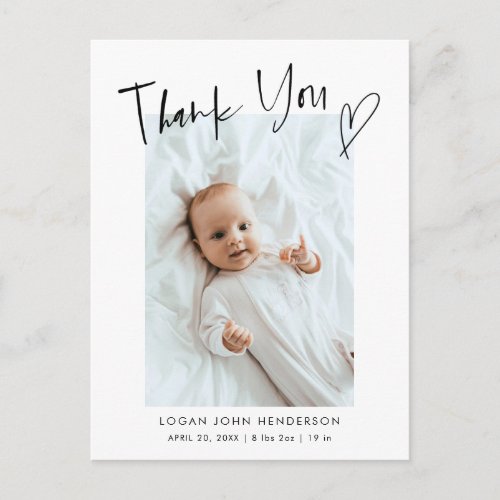 Thank You Heart Casual Script Baby Photo Birth  Announcement Postcard