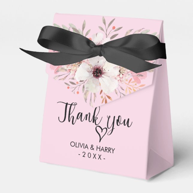Thank You Heart Floral Wedding Favor Box - Pink (Front Side)