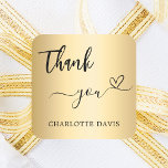 Thank you heart gold name square sticker<br><div class="desc">A faux gold looking background,  black text. Personalize and add your name. With the text: Thank you   a small heart.</div>