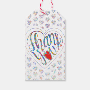 Thank you & heart in 17 langs as heart shapes gift tags