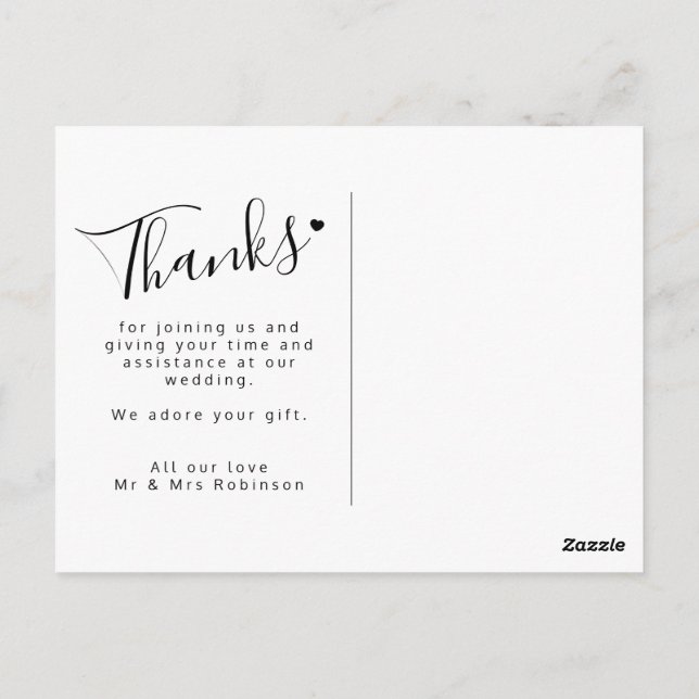 Thank you heart script black white wedding postcard (Back)
