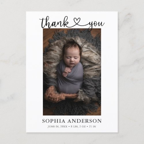 Thank You Heart Script Photo Birth Announcement Postcard