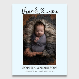 Thank You Heart Script Photo Birth Blue Announcement Postcard