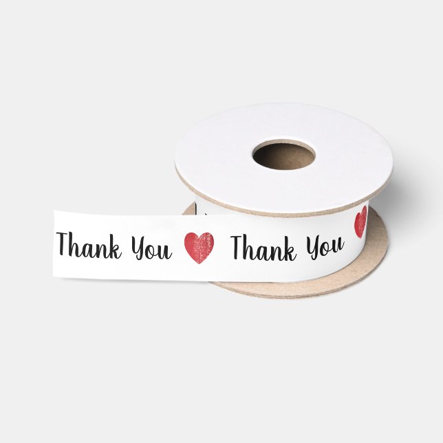 Thank You Heart Stamp Red + Your Text Satin Ribbon (Spool)