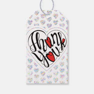 Thank you & hearts in 17 langs as heart shapes gift tags