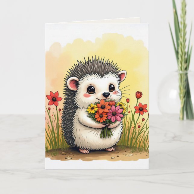 Thank You Hedgehog With Flower Bunch Card (Front)