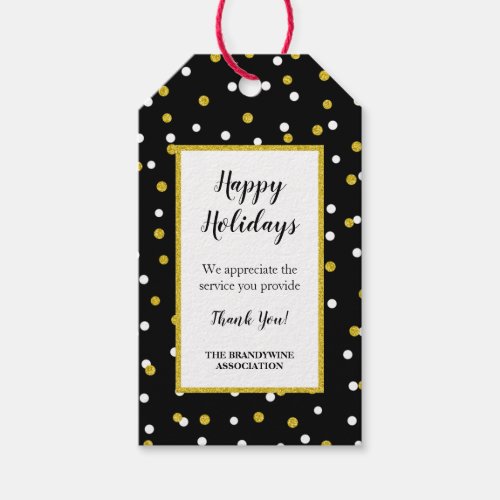 Thank you holiday gift tag black gold confetti