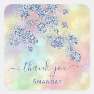 Thank You Holograph Floral Glitter Dusty Blue Square Sticker