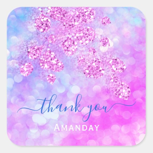 Thank You  Holograph Pink Blue Floral 16th Square Sticker
