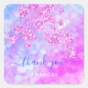Thank You Holograph Pink Blue Floral 16th Square Sticker