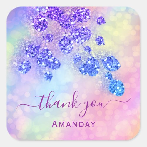 Thank You  Holograph Pink Floral Royal Blue Square Sticker