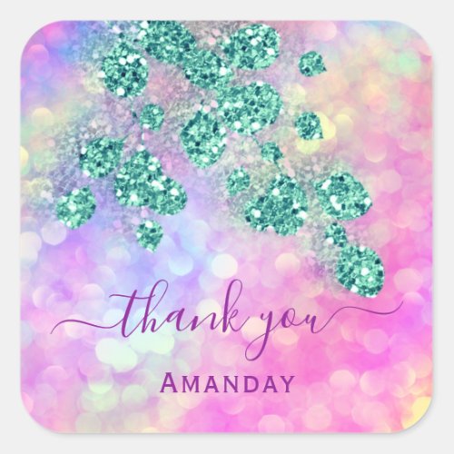 Thank You  Holograph Pink Green Floral 16th Square Sticker