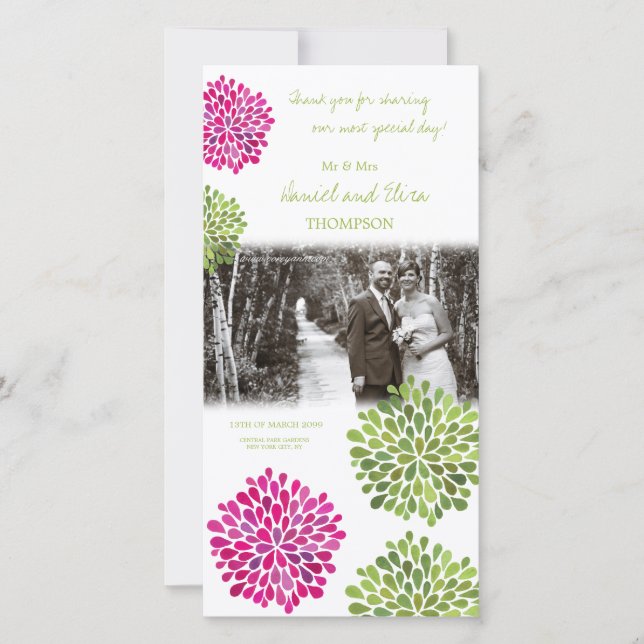 Thank You Hot Pink & Green Blooms Wedding Photo (Front)