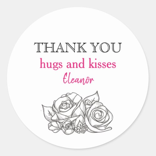 Thank You Hugs and Kisses Pink and Black Classic Round Sticker