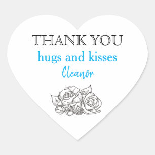 Thank You Hugs and Kisses Vintage Rose Drawing Heart Sticker