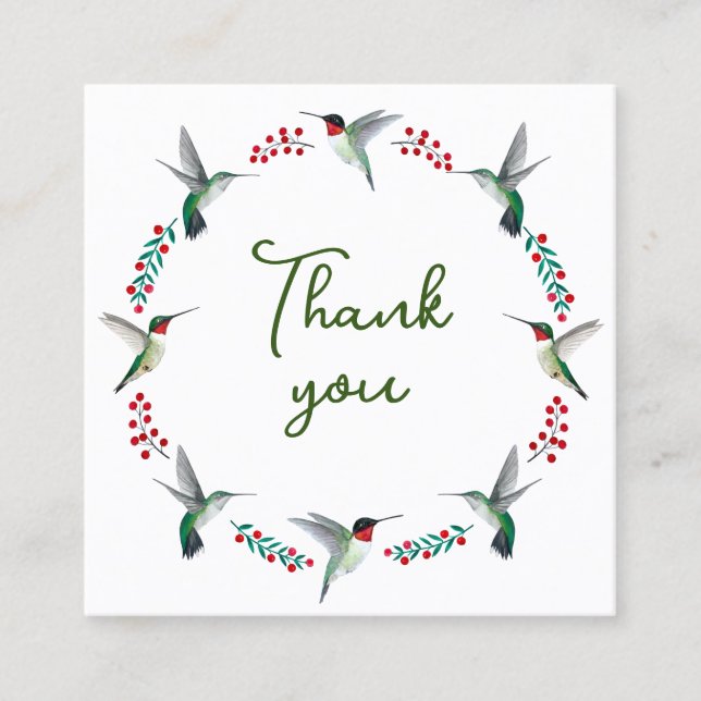 Thank You Hummingbird Wreath Square Business Card (Front)