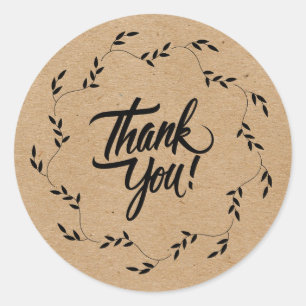 Thank you in leaf round leaves on Kraft paper  Classic Round Sticker