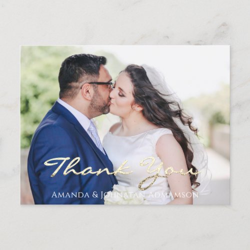 Thank You In Love Wedding Photo Gold Script Rose Postcard