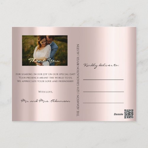 Thank You In Love Wedding Photo Gold Script Rose Postcard