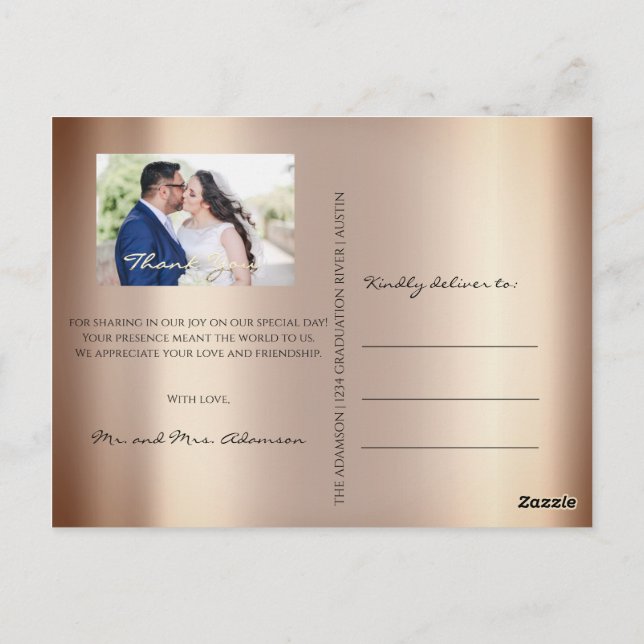 Thank You In Love Wedding Photo Gold Script Rose Postcard (Back)