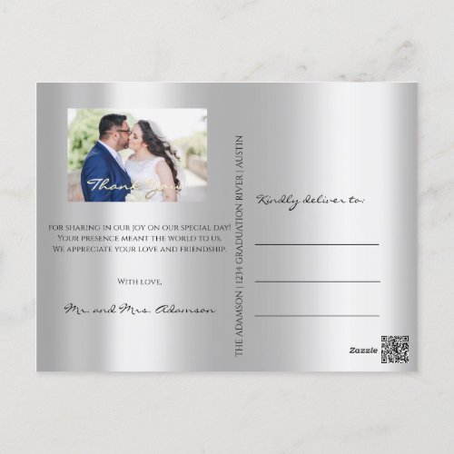 Thank You In Love Wedding Photo Gold Script Silver Postcard