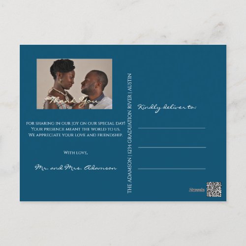 Thank You In Love Wedding Photo Golden Script Blue Postcard