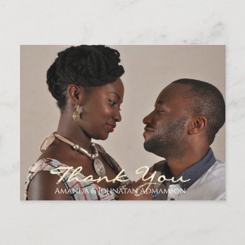 Thank You In Love Wedding Photo Golden Script Gray Postcard