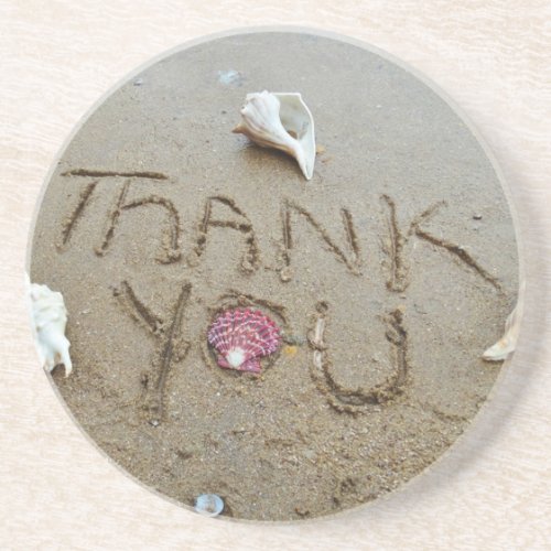 Thank you in the sand shells  beach coaster