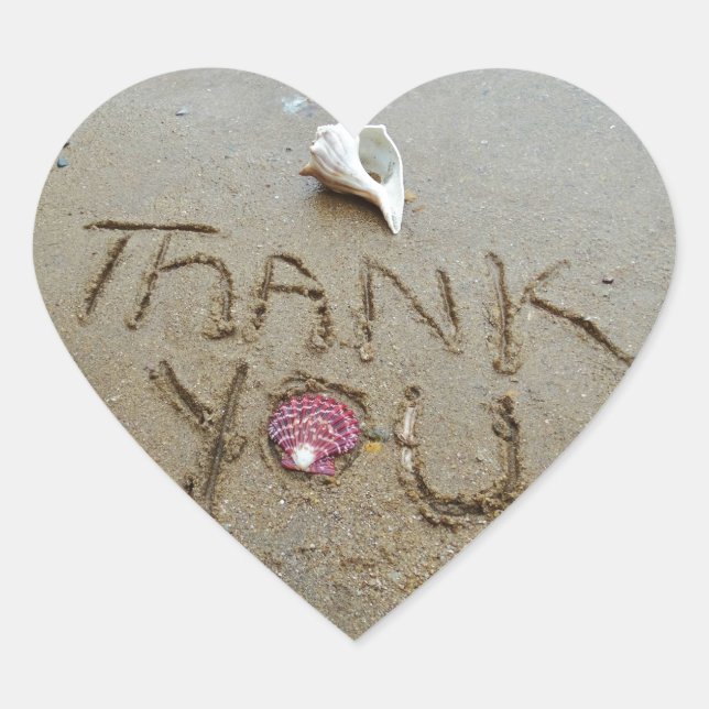 Thank you in the sand shells & beach heart sticker (Front)