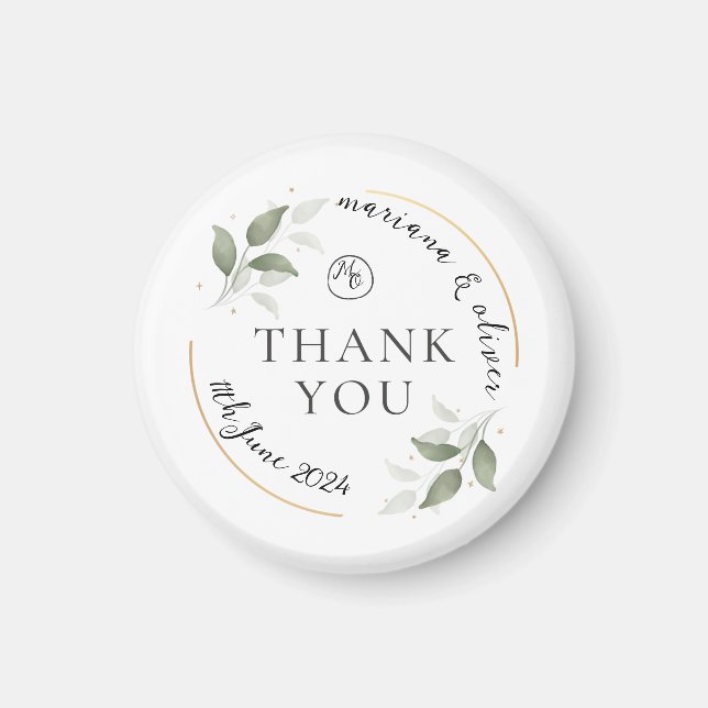 Thank you Intial Wedding Favors Leaf Gold Design Magnet (Front)
