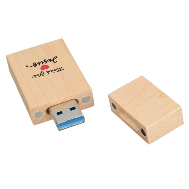 Thank You Jesus | Modern Christian Faith Heart Wood Flash Drive (Angled)