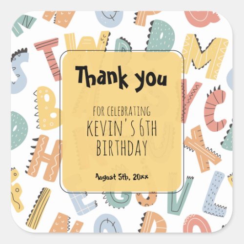 Thank you Kids Girls Boys Birthday Dinosaur Custom Square Sticker