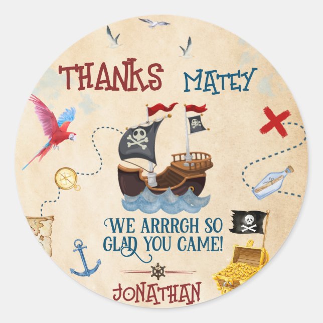 Thank you Kids pirate party Favor birthday Classic Round Sticker (Front)