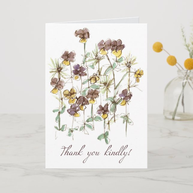 Thank You Kindly Purple Pansy Flowers Watercolor Card (Front)