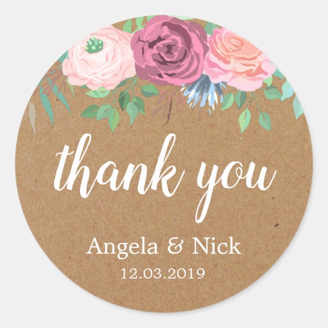 Thank you Kraft Floral Wedding Sticker (Front)
