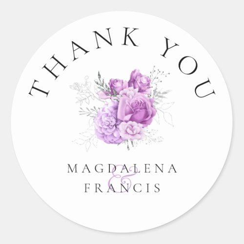 thank you lavender floral bouquet classic round sticker