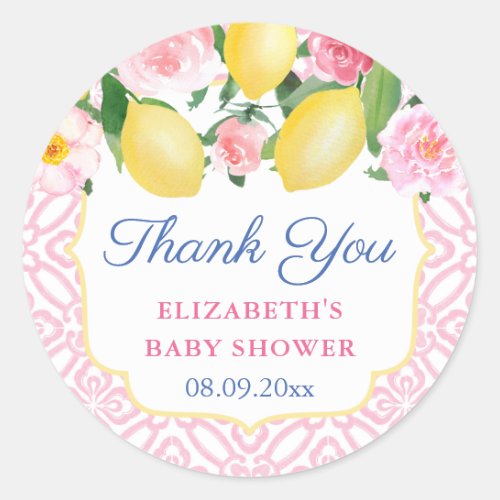Thank You Lemons Pink White Baby Shower Favor Classic Round Sticker