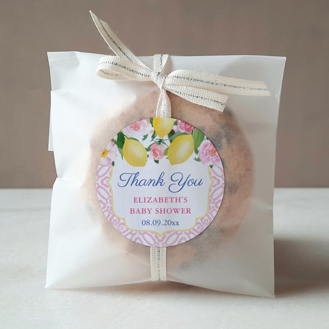 Thank You Lemons Pink White Baby Shower Favor Classic Round Sticker (Pink Positano Lemons Little Girl Baby Shower or Bridal Shower Thank You Favor Sticker Design)
