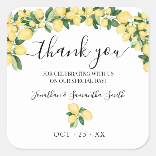 Thank you Lemons Wedding Bridal Shower Square Sticker